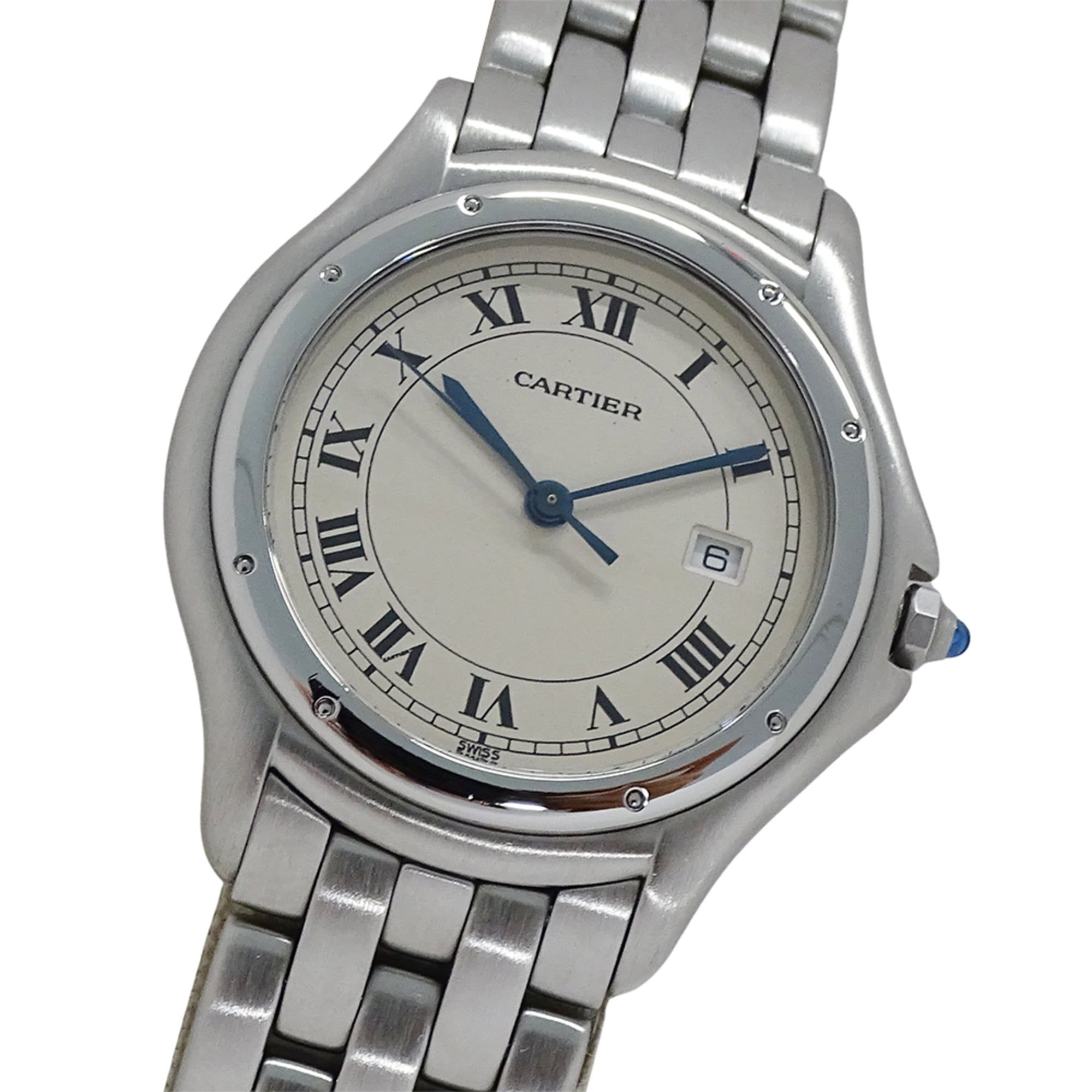 Cartier Panthere Cougar LM Watch for Boys, Date, Quartz, QZ, Stainless Steel, W35002F5, Silver/Ivory