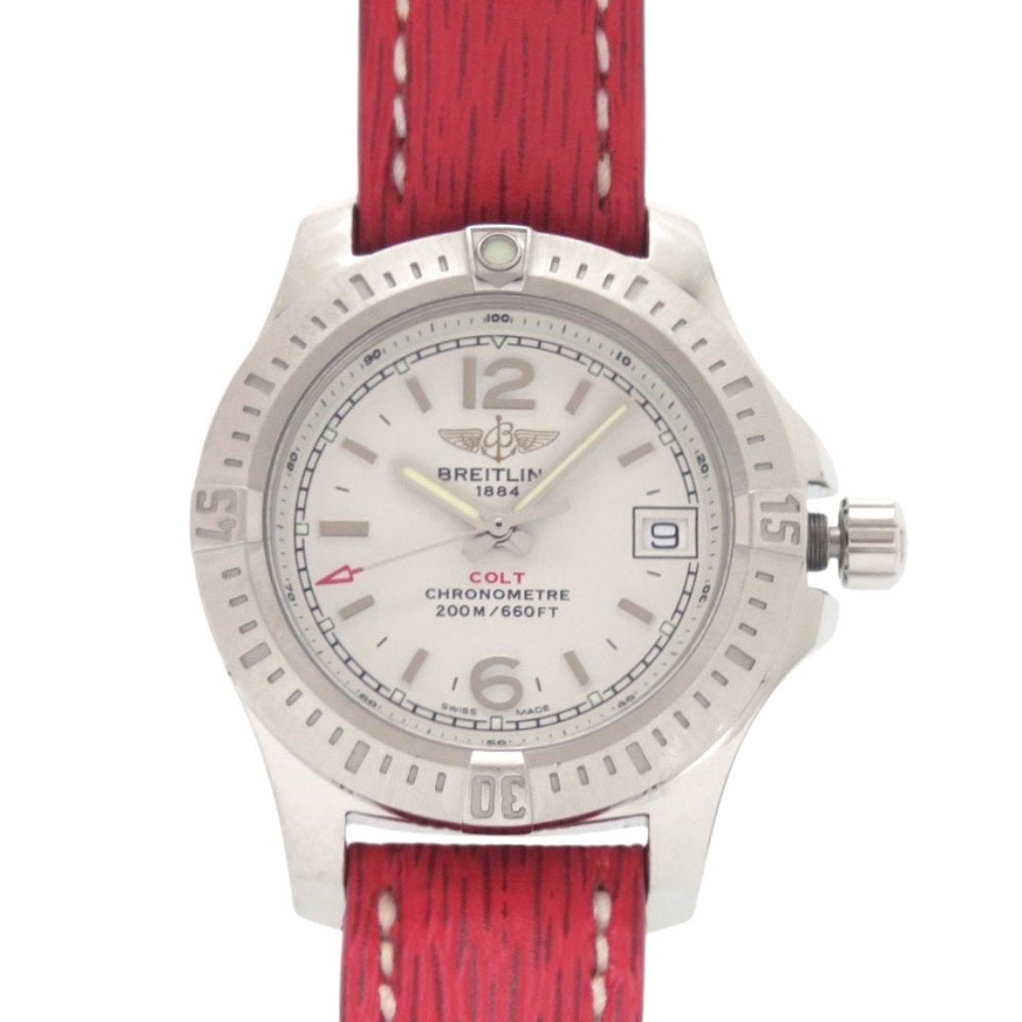 Breitling Colt Lady A77388 Stainless Steel Leather Watch, White/Red Dial, Quartz Movement, 1591 BREI
