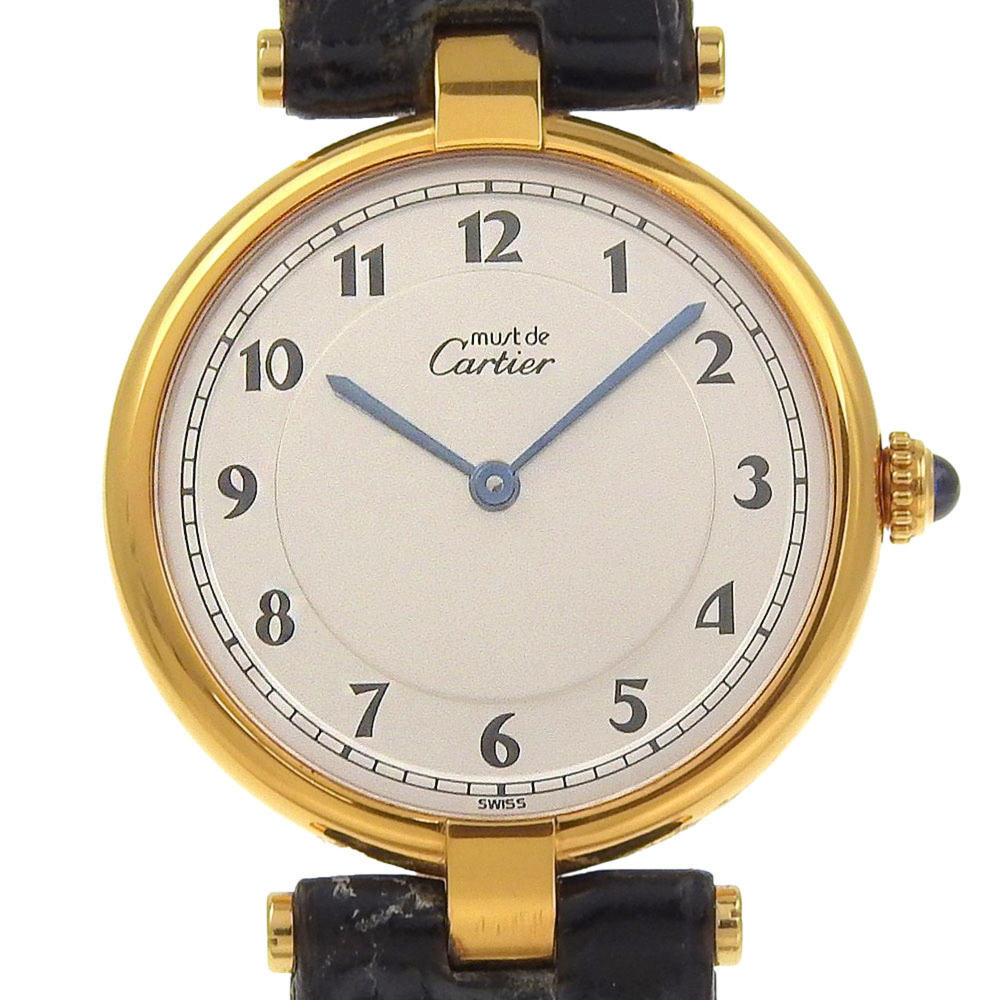 Cartier Must Vermeil Watch, cal. 90, Gold-Plated Leather Strap, Quartz Movement, Analog Display, Sil