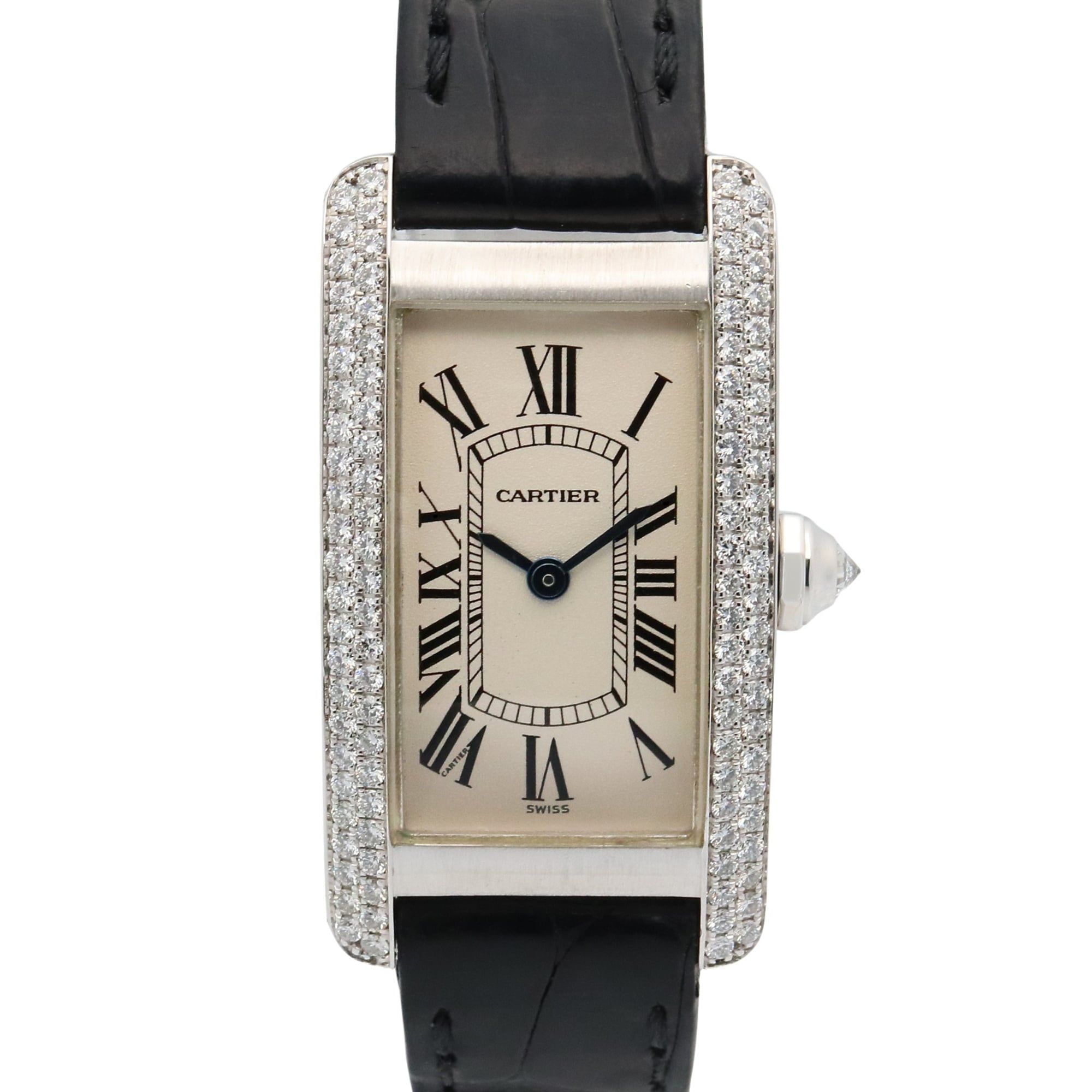 Cartier Tank Américaine SM Watch with Diamond Bezel, 18K White Gold, Diamonds, Leather Strap, Silver