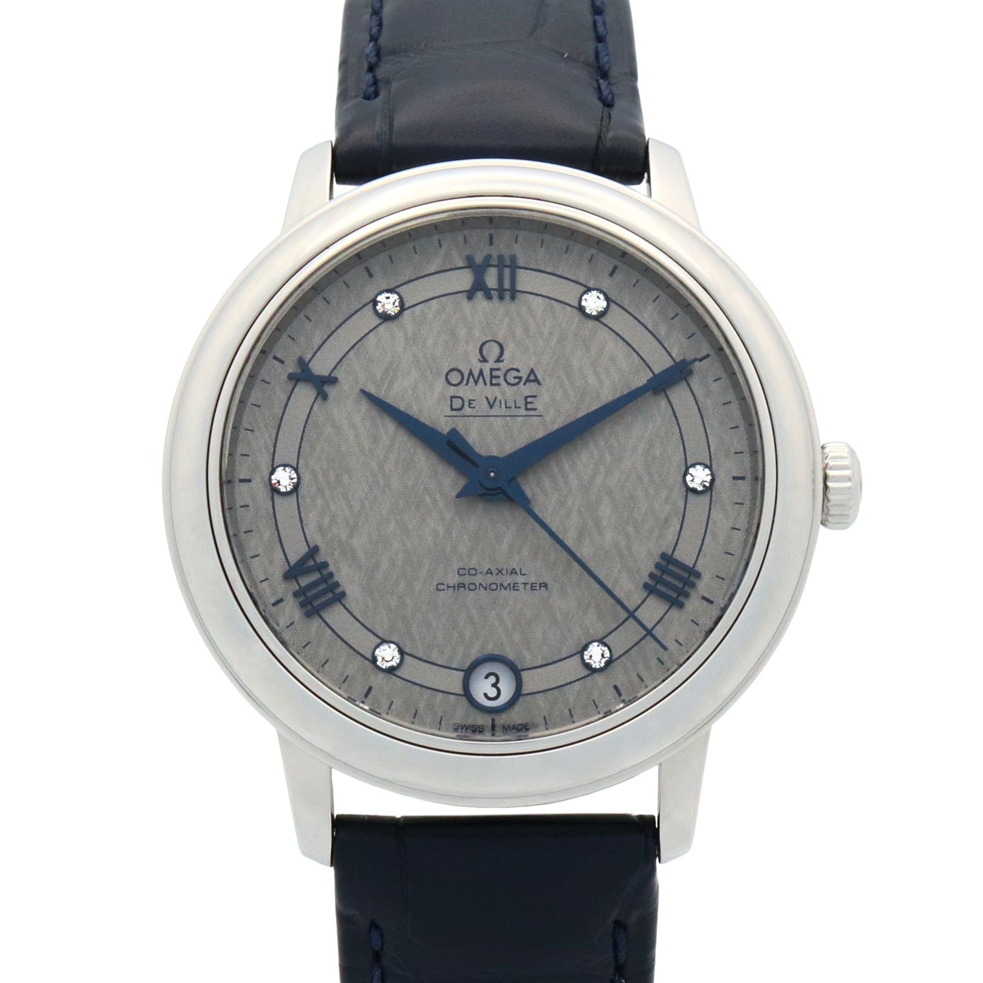 OMEGA De Ville Prestige Watch, Diamond-Set Stainless Steel with Leather Strap, Gray, Women's, 424.13