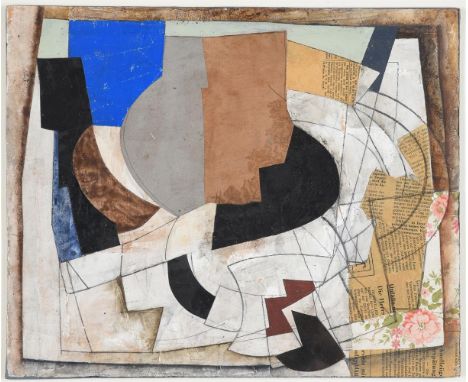 λ BRYAN INGHAM (BRITISH 1936-1997)TEA POT STILL LIFE IOil and collage on boardSigned, titled and dated 1985-8 (verso)31 x 37.