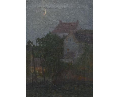 JAMES BOLIVAR MANSON (BRITISH 1879-1945)MOONLIT HOUSES, RIVER AND BOATS Oil on canvas Signed (lower right)35.5 x 25.5cm (13¾ 