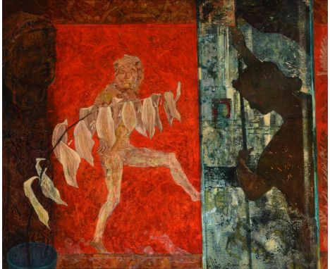λ VICTORIA CROWE (BRITISH B. 1945)INTERIOR WITH UNHEEDING DANCER, POMPEIIOil on boardSigned (centre right); further signed, t