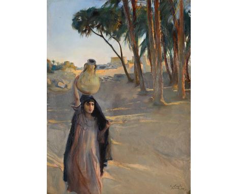 PHILIP ALEXIUS DE LÁSZLÓ (HUNGARIAN 1869-1937)EGYPT, A GIRL CARRYING A POT ON HER HEAD, AT KARNAK NEAR LUXOROil on canvasSign