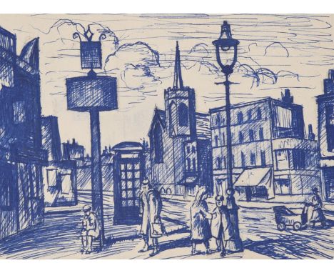 λ ELWIN HAWTHORNE (BRITISH 1905-1954)GUARDIAN ANGELS, MILE END ROAD, E3  Blue inkTitled (lower left)16.5 x 20.5cm (6¼ x 8 in.