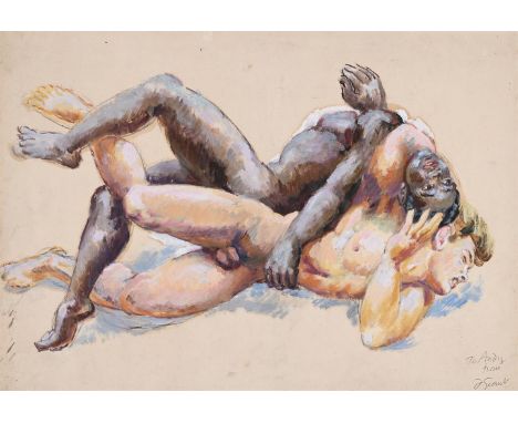 λ DUNCAN GRANT (BRITISH 1885-1978)NUDE WRESTLERSBlack crayon and oil on paperSigned and dedicated 'To Andy' (lower right)47 x