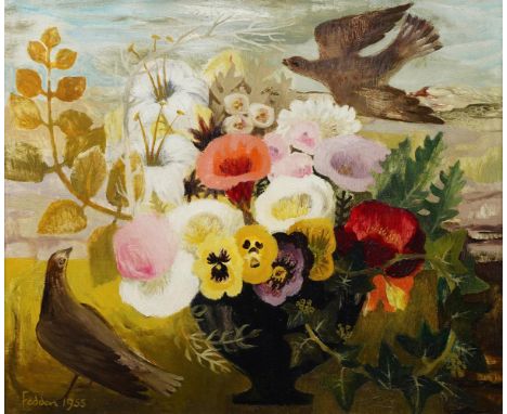 λ MARY FEDDEN (BRITISH 1915-2012)STILL LIFE OF FLOWERS IN A BLACK URN WITH BIRDS IN AN AUTUMNAL LANDSCAPE  Oil on canvas Sign