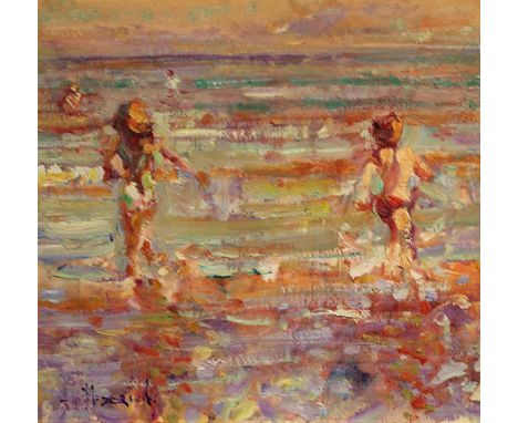 Arthur K. Maderson b.1942 
EVE STUDY, CLONEA STRAND
Oil on board,11 1/2" x 11 1/2" (29.5 x 29.5cm), signed; signed, inscribed
