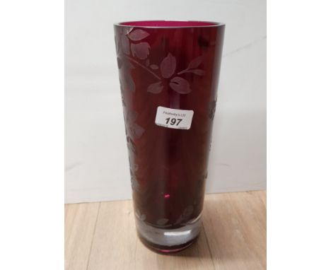 HEAVY CASED LARGE RUBY GLASS VASE ETCHED WITH ROSES
