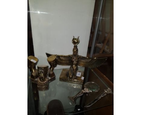 CAST COMPOSITION EGYPTIAN FIGURES OF LADY OUTSTRETCHED WINGS TEA LIGHT HOLDER TOGETHER WITH NOUVEU STYLE MAGNIFIER AND LETTER
