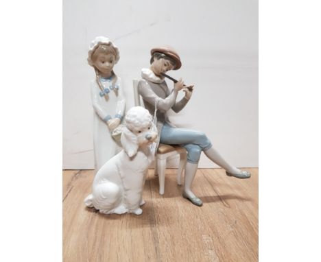 NAO POODLE ORNAMENT WITH A SPANISH FIGURE OF A GIRL AND LLADRO FLUTE PLAYER     NA