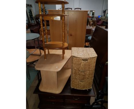 4 ITEMS INC A 4 DRAWER SOFA TABLE AND WICKER STORAGE UNIT ETC