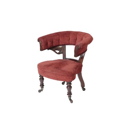 WILLIAM IV MAHOGANY AND UPHOLSTERED 'COCKFIGHTING' OR LIBRARY ARMCHAIR, circa 1835, with later button upholstered back and se