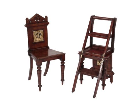 VICTORIAN MAHOGANY METAMORPHIC LIBRARY STEP CHAIR, late 19th century, and it's non-metamorphic pair, both with pierced triang