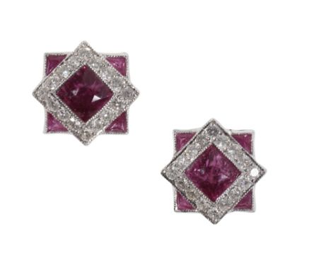 A PAIR OF 18 CARAT GOLD PINK TOURMALINE, RUBY AND DIAMOND EAR STUDS, the central square cut pink tourmaline within a surround