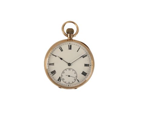 15CT GOLD GENTLEMAN'S OPEN-FACED POCKET WATCH with keyless wind movement, white enamel dial, subsidiary seconds dial, black R