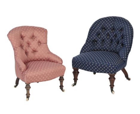 TWO VICTORIAN AND LATER BUTTON UPHOLSTERED CHILDREN'S SPOONBACK CHAIRS, circa 1870, the larger in blue fabric, the smaller in