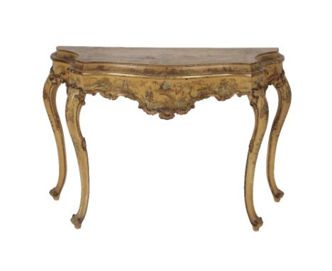 LACQUERED, PAINTED AND PARCEL-GILTWOOD CONSOLE TABLE in Neapolitan rococo style, early 20th century, the top with figural sce