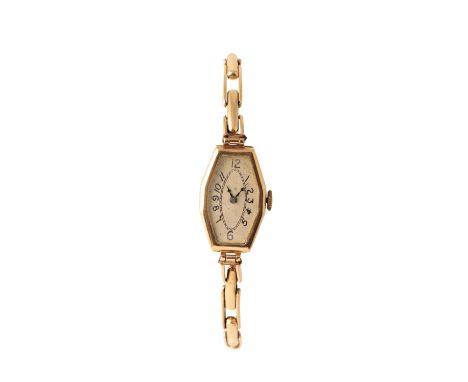 LADY'S 9CT GOLD BRACELET WATCH, circa 1930's, with manual wind movement, the white dial with black Arabic numerals and dark b