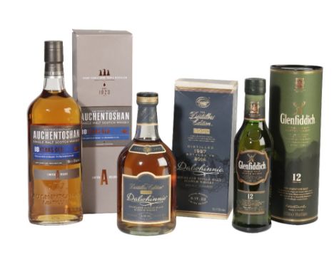 THREE BOTTLES OF SINGLE MALT SCOTCH WHISKY: Auchentoshan aged 18 years, 70cl, 43% abv, in carton; Dalwhinnie Distillers Editi