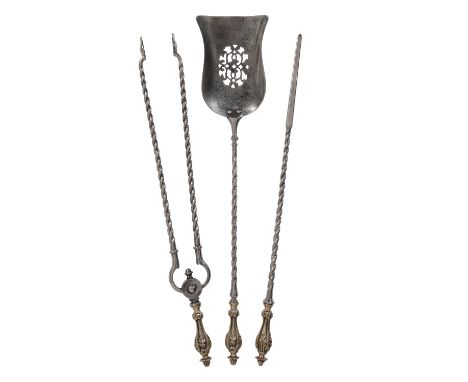 SET OF EARLY VICTORIAN STEEL AND BRASS MOUNTED FIRE IRONS, circa 1840, comprising shovel, poker and tongs, the inverted balus