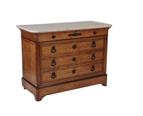 LOUIS PHILIPPE BIRD'S EYE MAPLE AND MARBLE TOPPED COMMODE, circa 1830, the top with reeded edge above a frieze drawer with tw