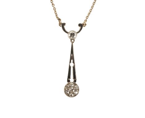 A DIAMOND PENDANT NECKLACE, the circular panel set with a cluster of old cut diamonds, suspended below a polished bar, to an 
