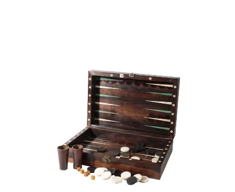 SUBSTANTIAL ROSEWOOD, FRUITWOOD AND IVORY INLAID GAMES BOX, early 20th century, the exterior with chequer parquetry for chess