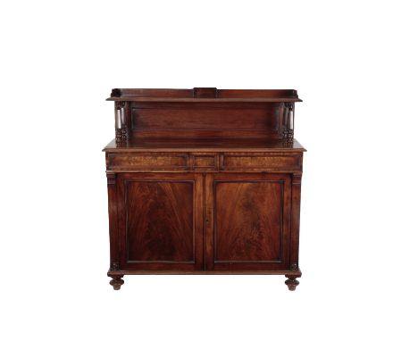 GEORGE IV OR WILLIAM IV MAHOGANY SIDE CABINET, circa 1830, the raised shelf with three-quarter gallery and moulded edges, on 