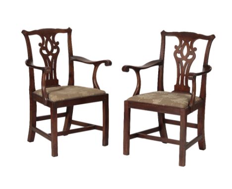 PAIR OF MAHOGANY ELBOW CHAIRS, 19th century, in Chippendale style, with serpentine top rails above pierced backrests and outs