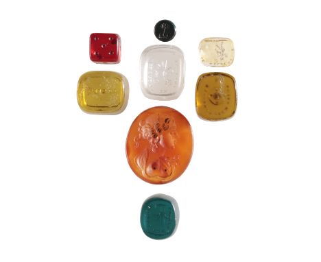 GROUP OF SEVEN INTAGLIO ENGRAVED GLASS TASSIE 'GEMS', late 18th or early 19th century, including a dark green rectangular exa
