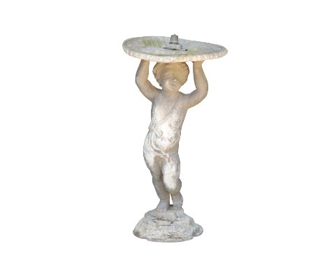 CAST LEAD FIGURAL FOUNTAIN, circa 1900, modelled as a standing and loosely draped putto holding a basin aloft, 70cm high  