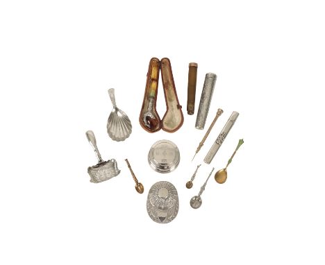 QUANTITY OF SILVER AND GOLD, 19TH CENTURY, comprising three caddy spoons, four miniature spoons, (one converted to a brooch),