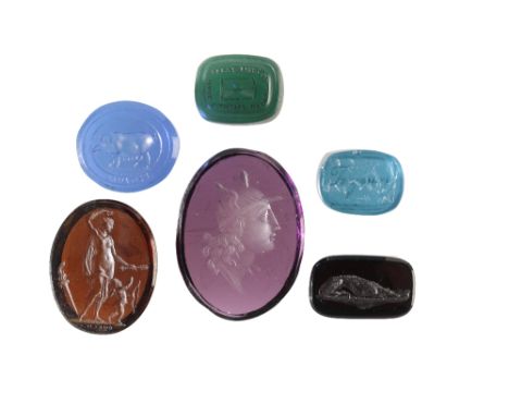 GROUP OF SIX INTAGLIO ENGRAVED GLASS TASSIE 'GEMS', late 18th or early 19th century, including a rectangular light blue examp