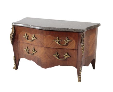 MINIATURE FRENCH MARBLE AND GILT METAL MOUNTED KINGWOOD COMMODE IN LOUIS XV STYLE, 20th century, with dove grey marble top, t