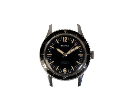 INGERSOLL GENTLEMAN'S STAINLESS STEEL DIVERS WATCH with manual wind movement, black dial, luminous baton numerals, silver lum