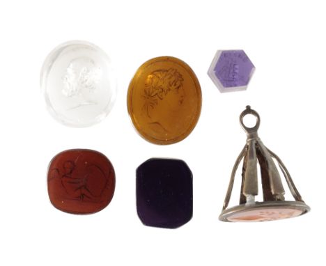 GROUP OF SIX INTAGLIO ENGRAVED GLASS TASSIE 'GEMS', late 18th or early 19th century, including a dark amethyst example, CUPID