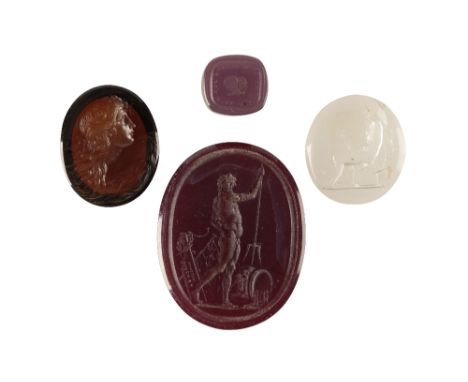 GROUP OF FOUR INTAGLIO ENGRAVED GLASS TASSIE 'GEMS', late 18th or early 19th century, including a fine large red oval example