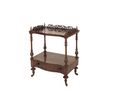 VICTORIAN ROSEWOOD WHATNOT, third quarter 19th century, the upper shelf with three-quarter scrolling foliate carved openwork 