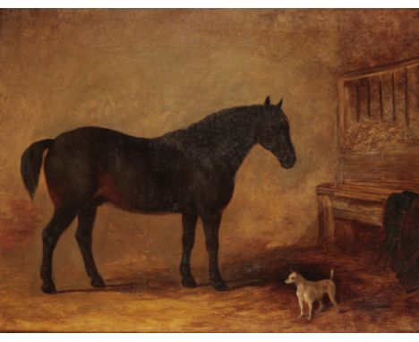 MANNER OF HENRY FREDERICK LUCAS-LUCAS (1848-1943) A portrait of a horse in loose box, a small terrier beside it, oil on canva