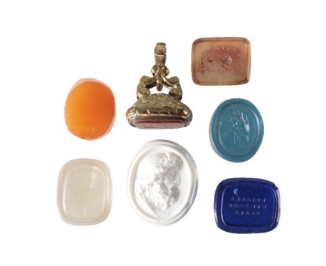 GROUP OF SIX INTAGLIO ENGRAVED GLASS TASSIE 'GEMS', late 18th or early 19th century, including a rectangule dark blue example