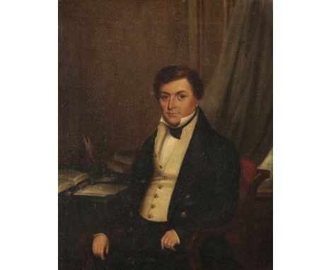 ENGLISH SCHOOL, 19TH CENTURY A portrait of a gentleman seated in an interior, by repute a member of the Sprague family, oil o