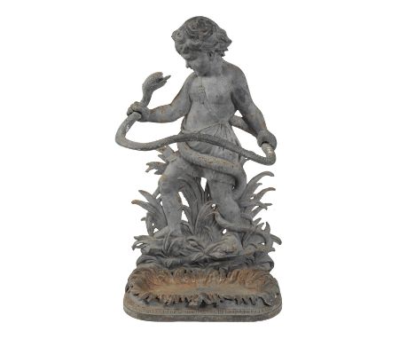 CAST IRON STICK STAND, circa 1900, modelled with the infant Hercules wrestling a serpent, the demi-God portrayed as a partial