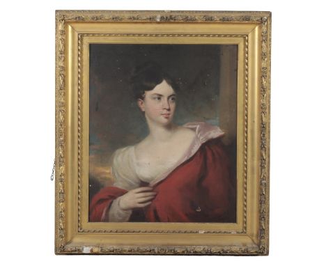 SCHOOL OF GEORGE DAWE (1781-1829) A portrait of a woman, depicted half-length, wearing a white dress with red cloak, with sky