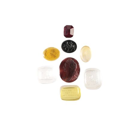 GROUP OF EIGHT INTAGLIO ENGRAVED GLASS TASSIE 'GEMS', late 18th or early 19th century, including a clear rectangular example 