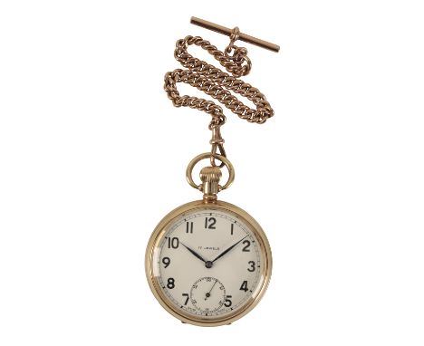9CT GOLD GENTLEMAN'S OPEN-FACED POCKET WATCH with keyless wind movement, the white enamel dial with subsidiary seconds dial, 