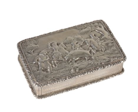 GEORGE III SILVER SNUFF BOX, LEDSAM, VALE &amp; WHEELER, BIRMINGHAM 1828, the hinged lid decoarted in relief with boar huntin