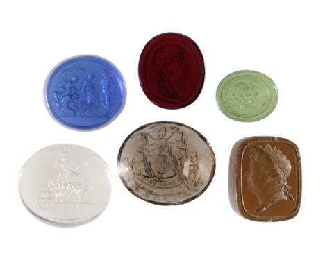 GROUP OF SIX INTAGLIO ENGRAVED GLASS TASSIE 'GEMS', late 18th or early 19th century, including an oval green example with a b