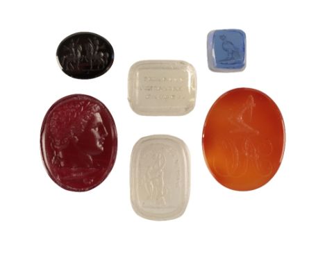 GROUP OF SIX INTAGLIO ENGRAVED GLASS TASSIE 'GEMS', late 18th or early 19th century, including a clear rectangular example, E